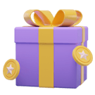 Caja de regalo morada con lazo amarillo y monedas