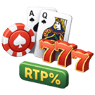 Cartas, ficha, “777” y etiqueta “RTP%”
