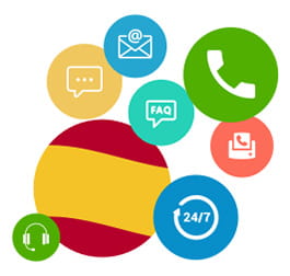 Una imagen con varios cículos de diferentes colores y tamaños con los símbolos que muestan los diferentes canales con los que se puede poner en contacto con el casino el jugador: teléfono, email o chat en vivo. El círculo más grande contiene la bandera española.