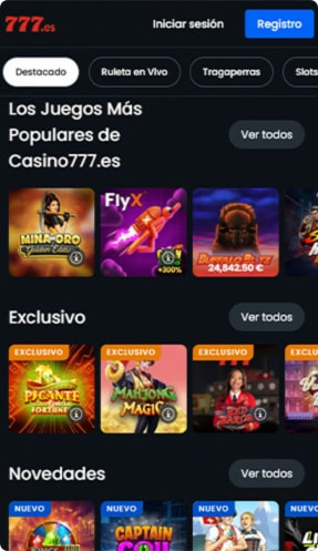 Página de inicio del Casino777 con su selección de juegos más populares.