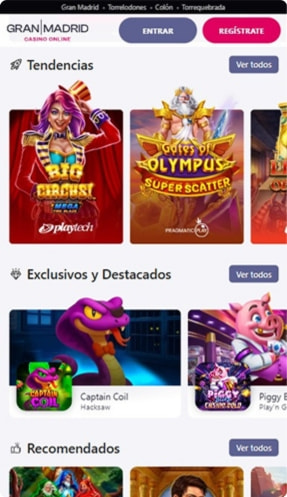 Página de inicio de Gran Madrid Casino Online con sus juegos más destacados.